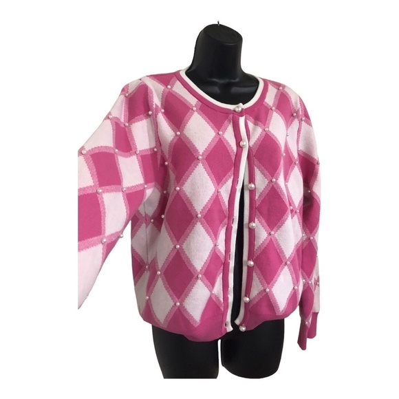 Nanette Lepore pink white diamond print long sleeve cardigan sweater size medium - Picture 7 of 9